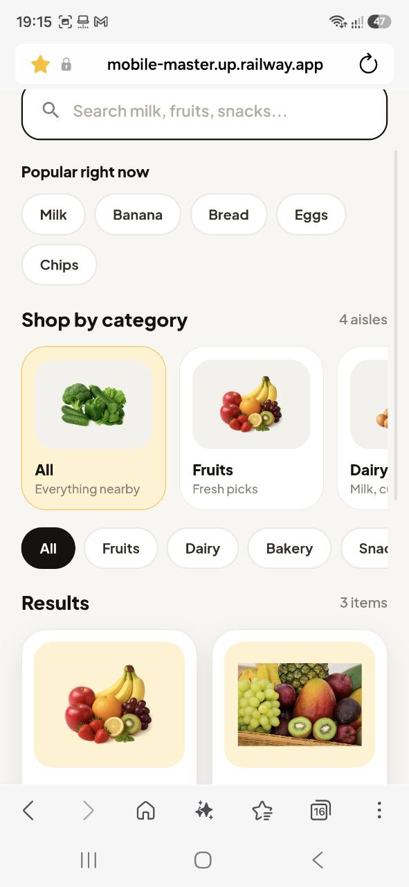 Grocery catalog screen with popular searches, category filters and product results.