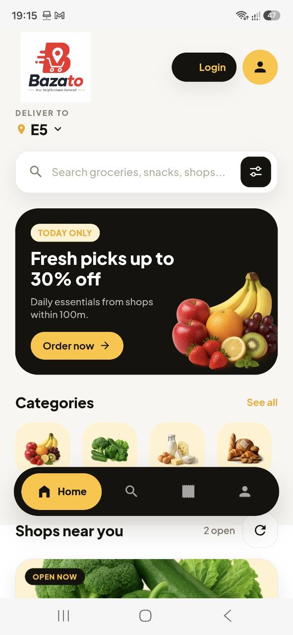 Bazato home screen with E5 delivery location, grocery search, a fresh-picks offer and shop categories.