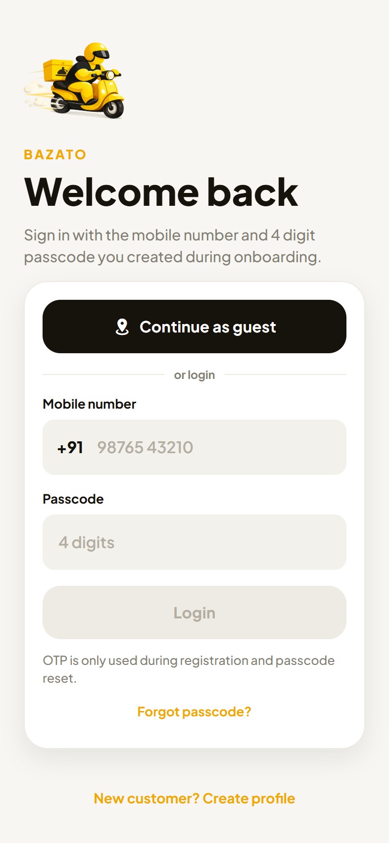 Current Bazato customer app sign-in screen, including Continue as guest.