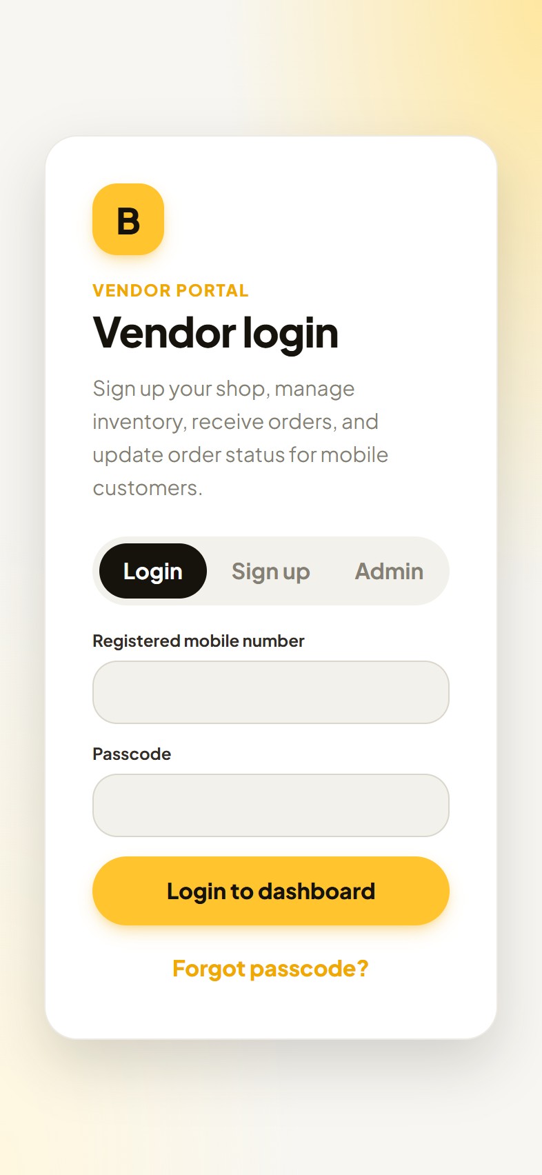 Current Bazato vendor portal sign-in screen with login, signup, and admin options.