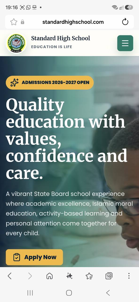 Standard High School website on mobile, showing admissions open and the headline “Quality education with values, confidence and care.”