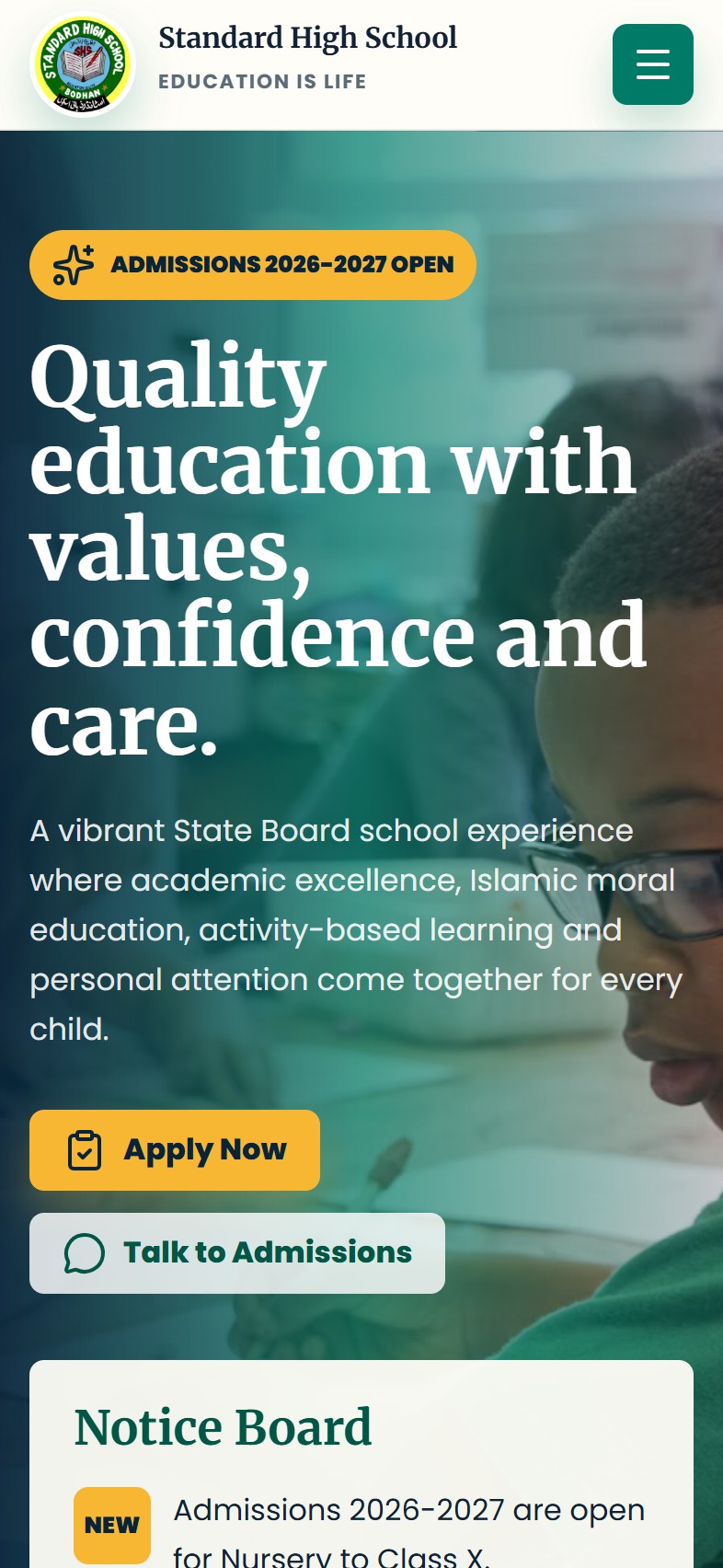 Current mobile homepage for Standard High School, showing admissions open and its quality education headline.
